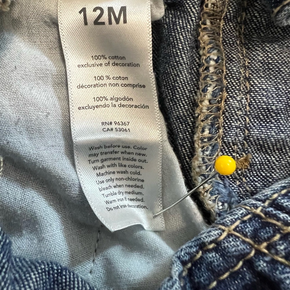 OshKosh Bib Overalls 12 months Blue Denim Pockets Embroidered Snap Up - Picture 13 of 15
